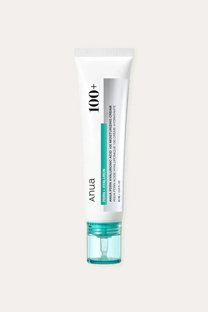 Anua PDRN Hyaluronic Acid 100 Moisturizing Cream tube, featuring Low Molecular Hyaluronic Acid for deep hydration and skin plumping.