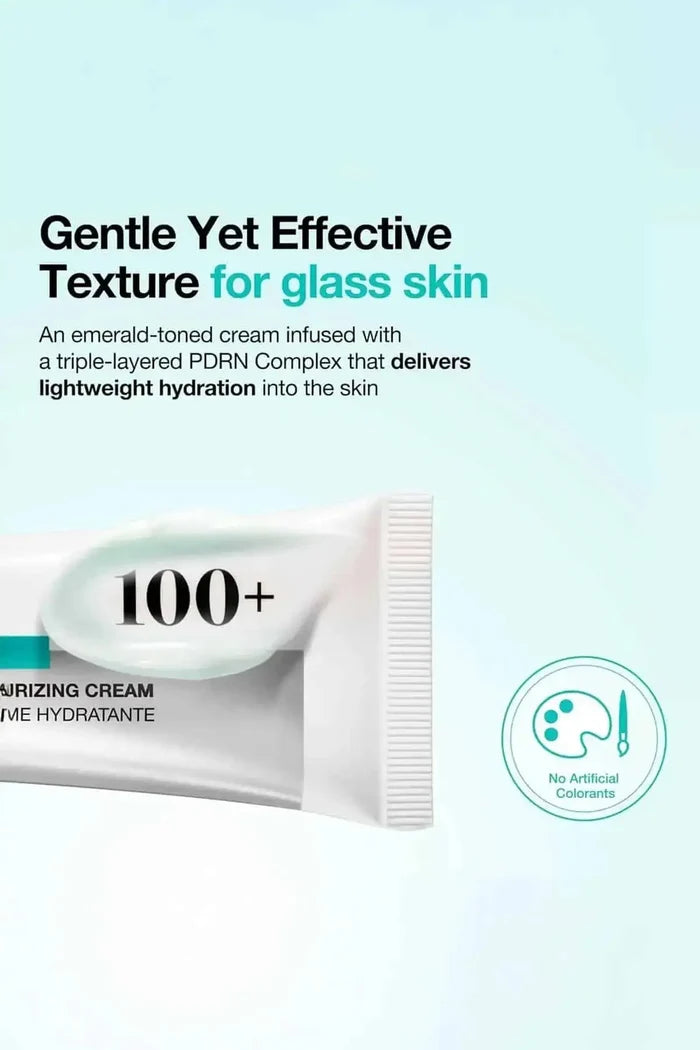 Close-up of the emerald-toned cream infused with Low Molecular Hyaluronic Acid for glass skin and lightweight hydration.