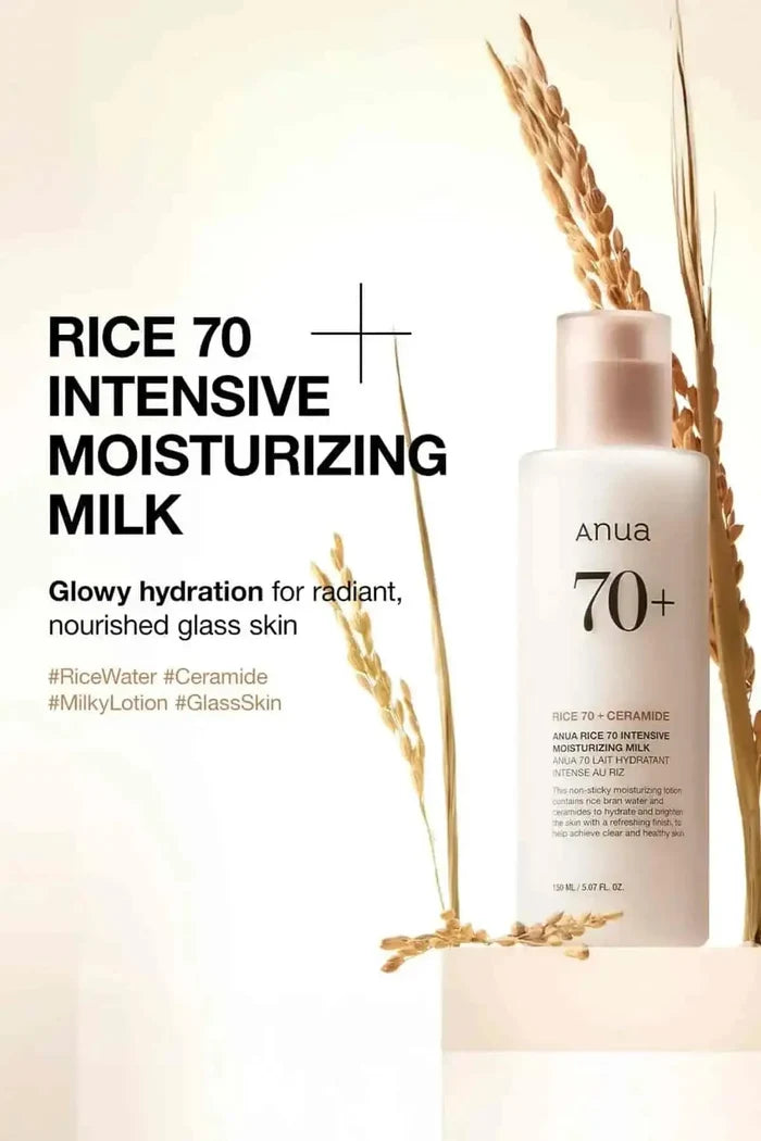 Anua Rice 70 Moisturizing Milk designed for Skin Barrier Repair, providing glowy hydration for radiant glass skin.
