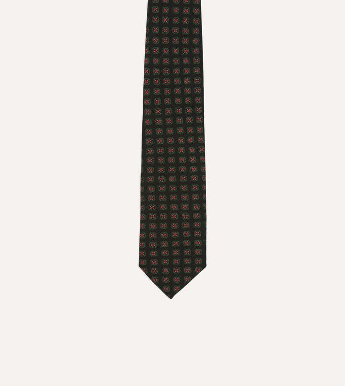 Black Green, and Red Diamond Print Check Self-Tipped Wool Tie