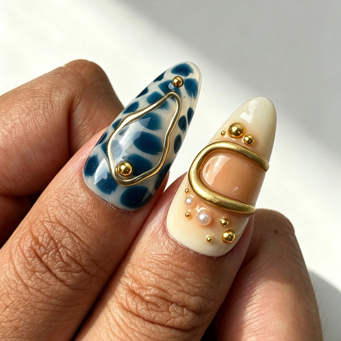 Stylish Blue Mosaic press‑on nails date night look