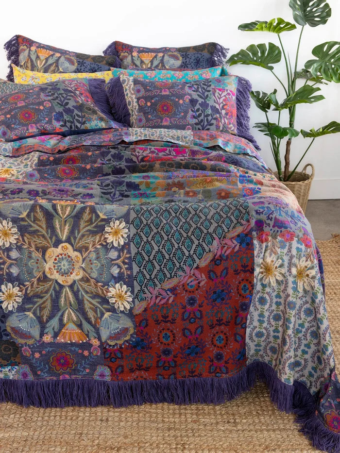 Boho Fringe Bedspread - Blue Patchwork-view 1