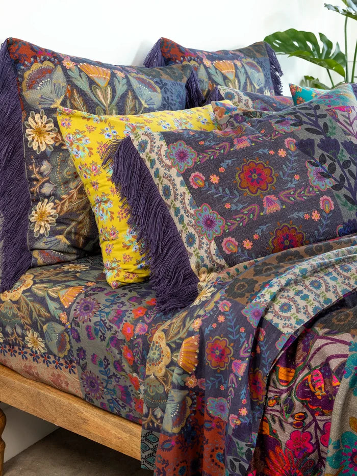 Boho Fringe Bedspread - Blue Patchwork-view 2