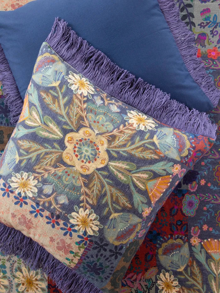 Boho Fringe Euro Sham - Blue Patchwork-view 1