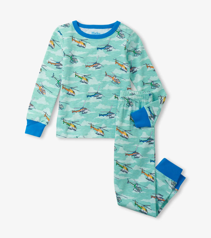 Hatley boys Helicopters cotton pajama set in aqua with blue trim, long sleeves, and matching pants.
