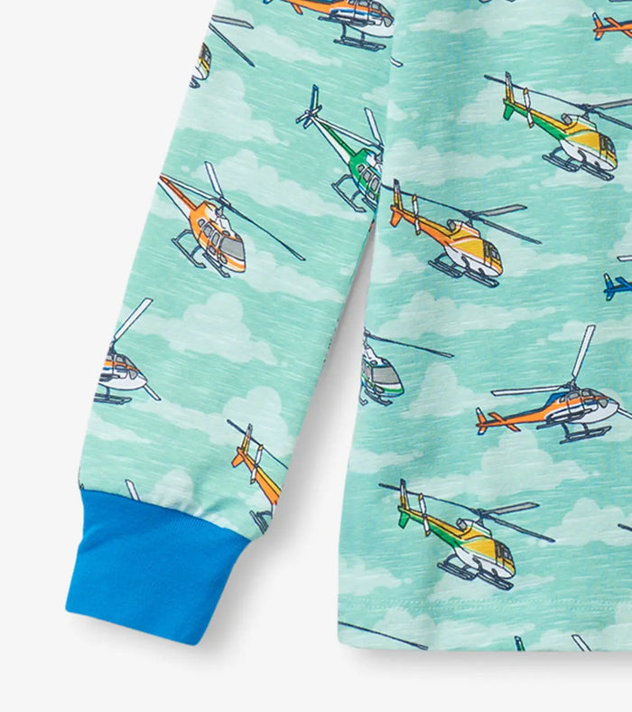 Hatley boys matching helicopter pajama pants with blue ankle cuffs and full-length fit.
