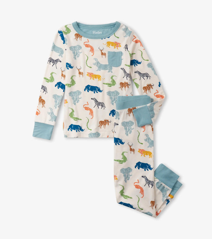 Hatley boys bamboo pajama set in Ivory with Scratchy Safari animal print, long sleeves, and matching pants.