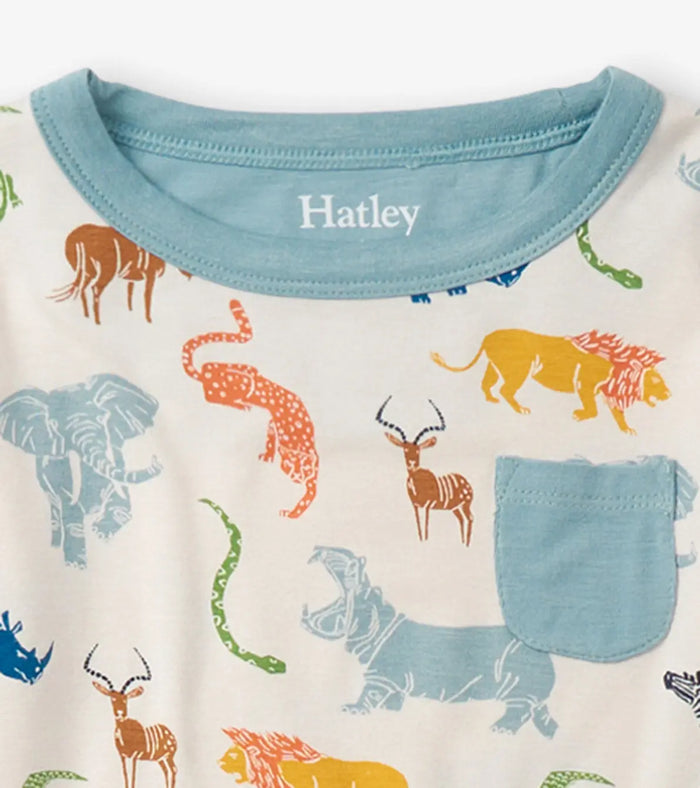Closeup of Scratchy Safari bamboo pajama top with blue crewneck trim and chest pocket.