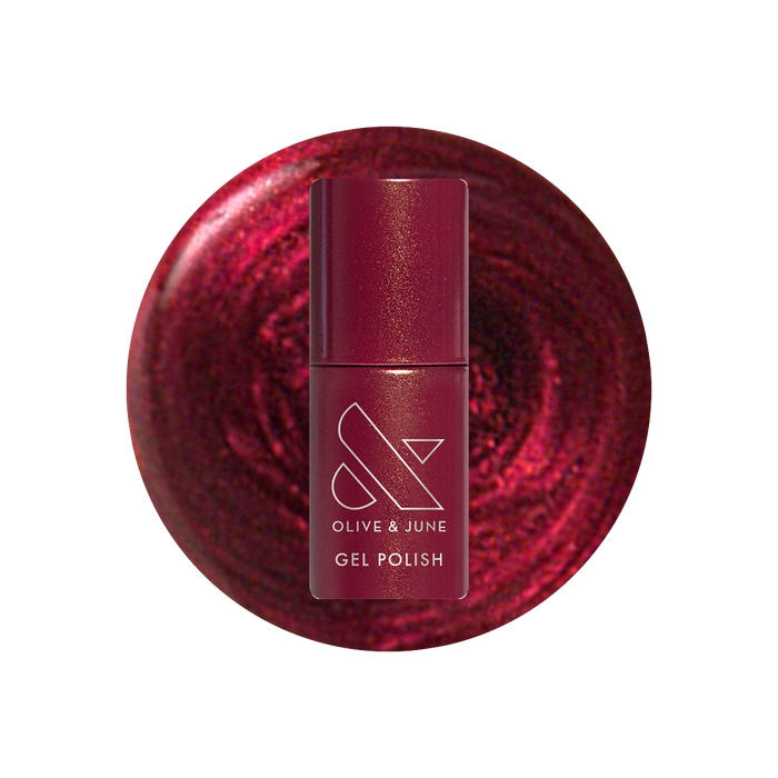 Budget? What Budget Gel deep rose-orange duochrome gel polish bottle on swirled polish background for mani or manicure