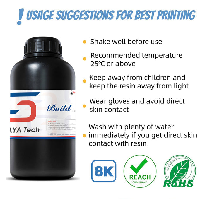 3D printer resin build usage tips card with 8K REACH RoHS certifications on black bottle