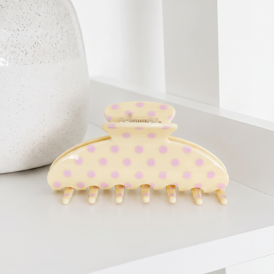 Pale yellow Claw Clip for hair with baby pink polka dots.