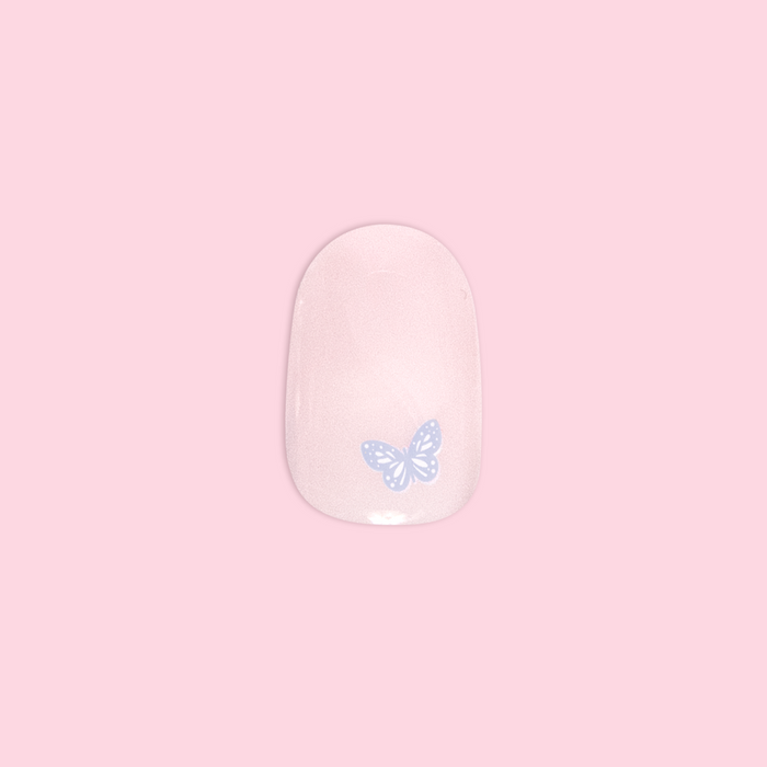 Butterfly Party | Round | Extra Short press-on nail with pale pink base and delicate purple butterfly accent
