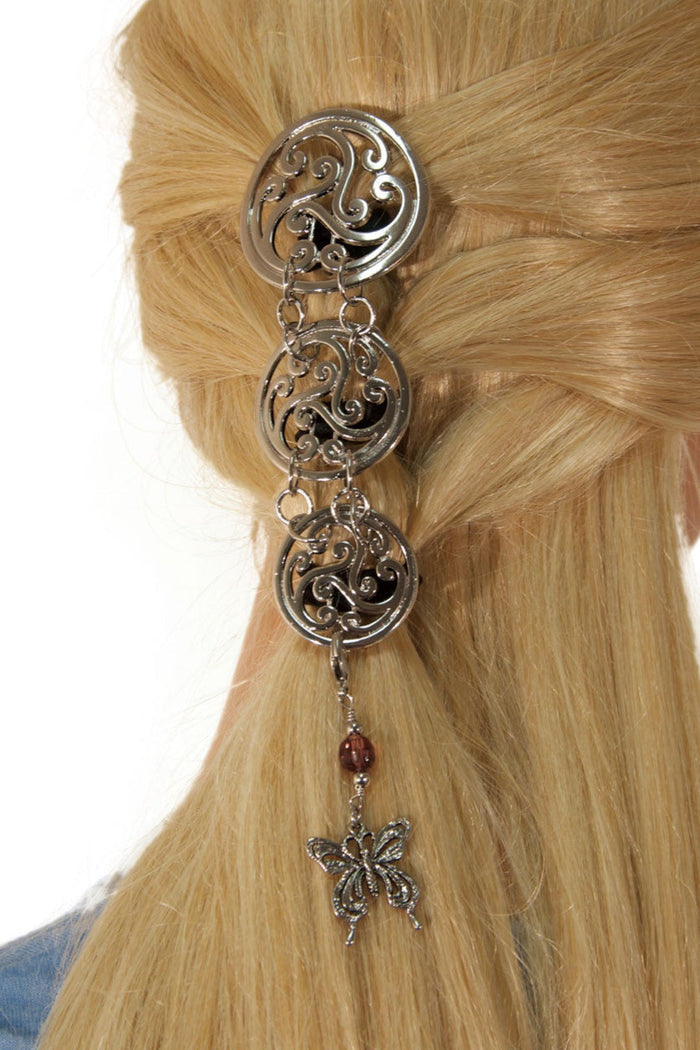 Model wearing Celtic Hair Armor – Silver Ponytail Holder elegant design