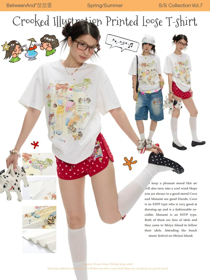 *chachawai crooked illustration printed loose t-shirt