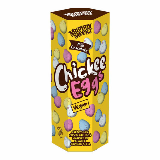 Box of Mummy Meegz Chickee Eggs Vegan chocolate eggs on a white background.