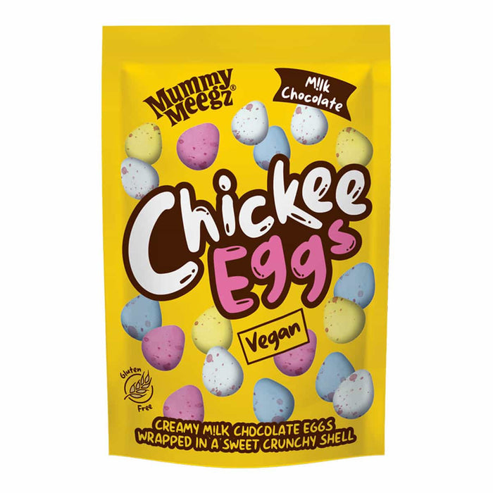 Packaging of Mummy Meegz Chickee Eggs Vegan chocolate eggs in yellow colourful packaging on a white background.