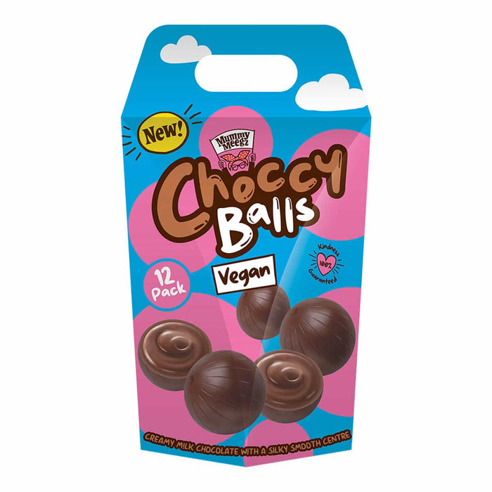 Packaging of Choccy Balls vegan chocolate balls with a blue and pink design.