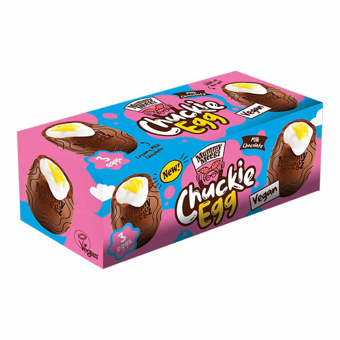 Box of Chuckie Eggs with pink and blue design on a white background.