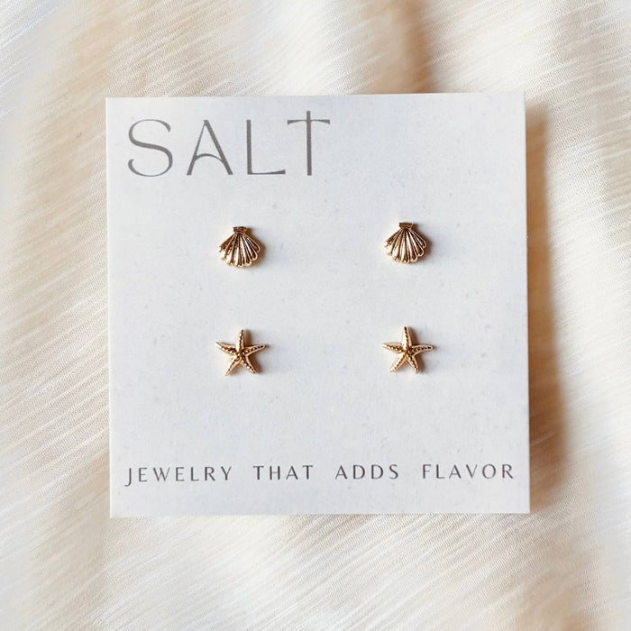 COASTAL STUD SETS | 18k gold | seashell & starfish earrings