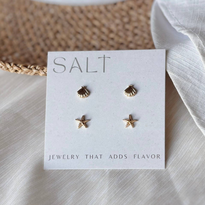 COASTAL STUD SETS | 18k gold | seashell & starfish earrings