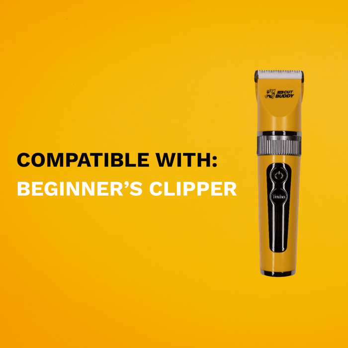 Compatibility graphic confirming the accessory works with the yellow Cut Buddy Beginner’s Clipper.