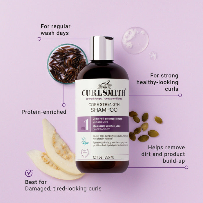 Curlsmith core strength shampoo bottle on a purple background with product benefits text.