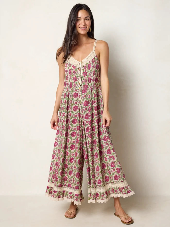 Cotton & Lace Jumpsuit - Cream Pink Lotus-view 6