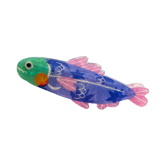 Blue acrylic sardine-shaped hair claw clip with a playful fish silhouette.