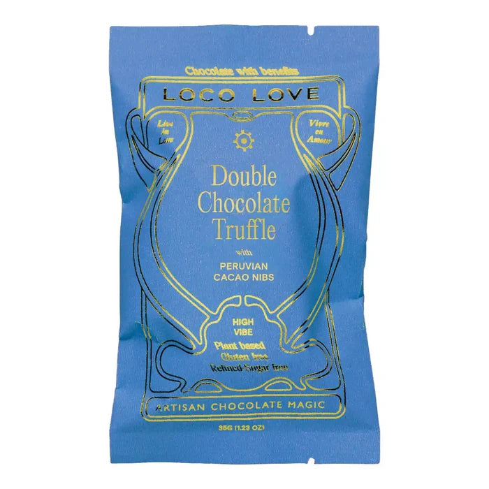 Loco Love Double Chocolate Truffle single blue & gold packaging.