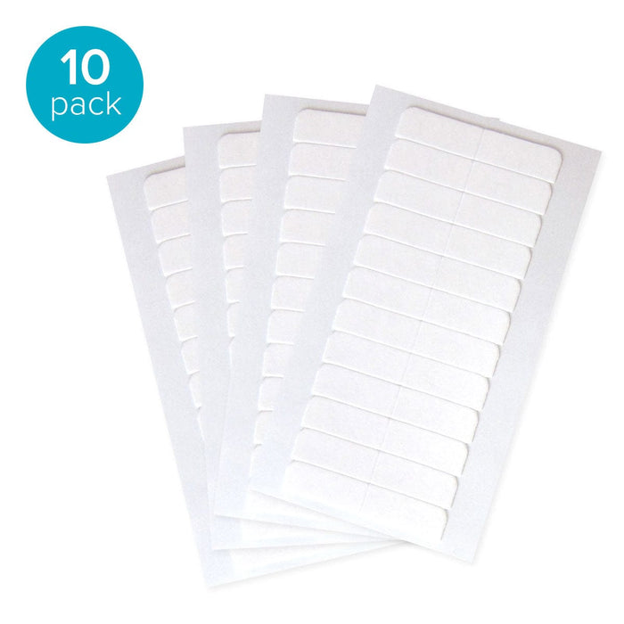 Four sheets of white adhesive labels fanned out, each with a blue "10 pack" circle in the top left. Ideal for easy labeling.