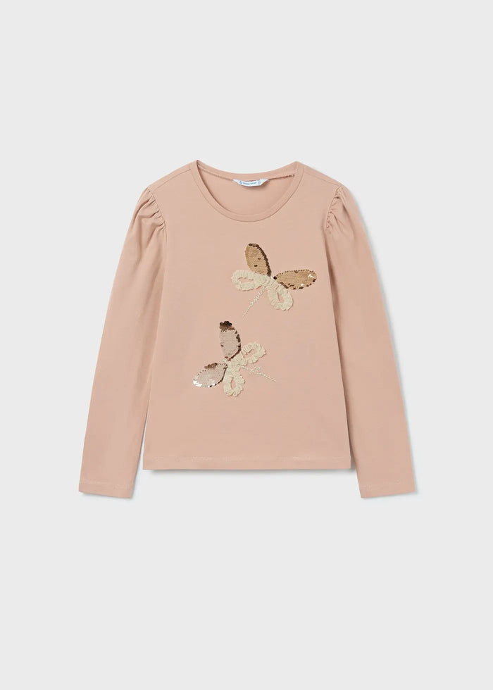 Mayoral girls Beige dragonfly long sleeve T-shirt with sequin details and soft cotton stretch.