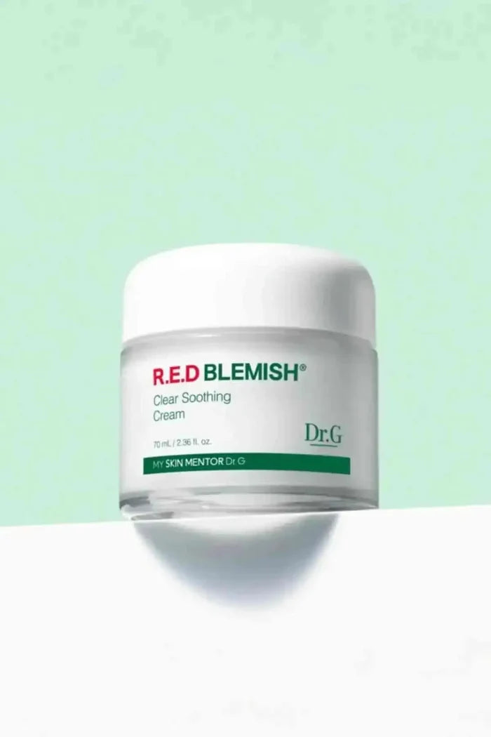 Dr.G Red Blemish Clear Soothing Cream, a dermatologist-tested non-comedogenic moisturizer that calms sensitive skin.