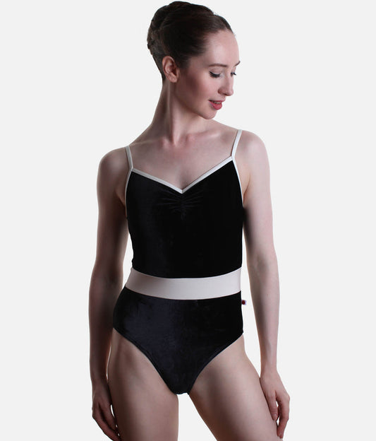 Luxurious Camisole Dance Leotard, Black Velvet with White Trim - MICAH