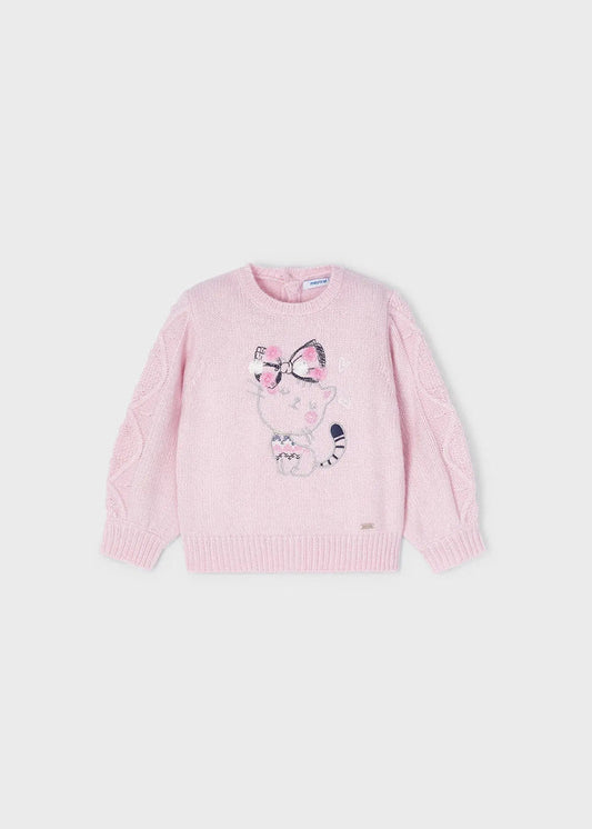Mayoral baby girl Pink embroidered sweater with long sleeves and cozy knit texture.