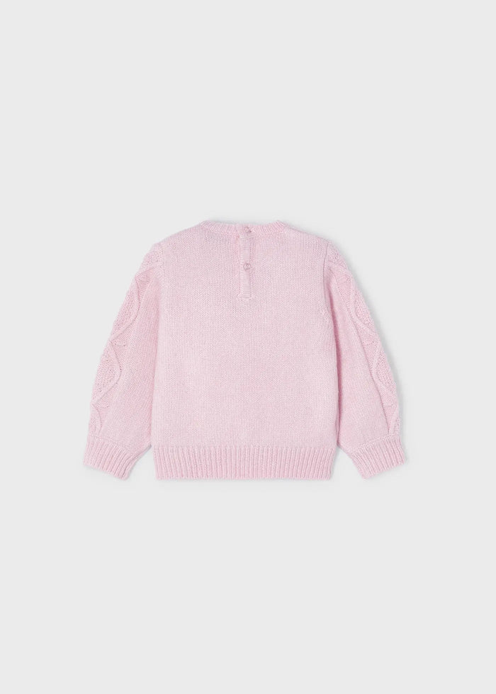 Back view of Mayoral baby girl Pink sweater showing button opening and soft knit fabric.