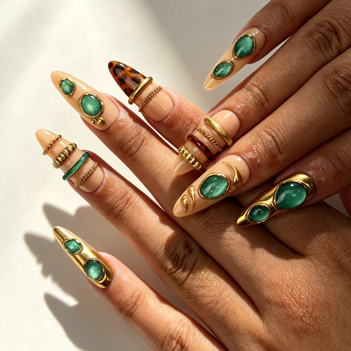 Emerald Regal Vintage Luxury Emerald Almond Nails Wearing Display