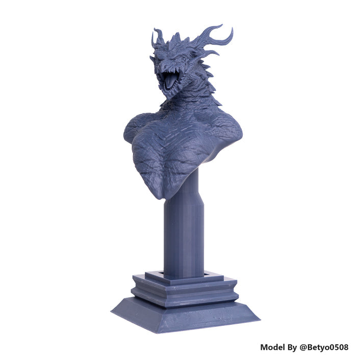 3D printed dragon bust on pedestal in dark blue ABS-like resin with fine scale detail