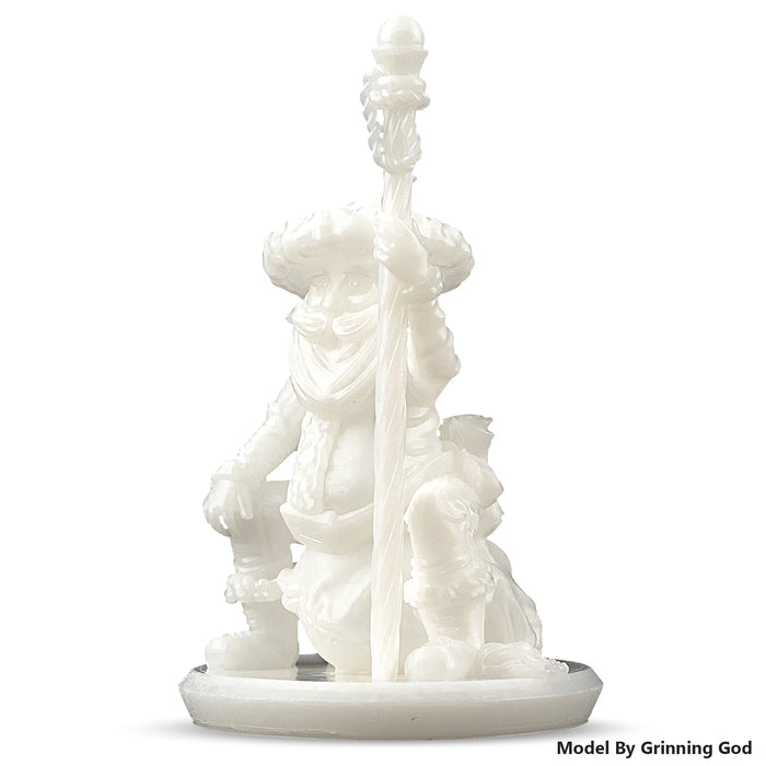 3D printed fantasy gnome miniature with staff in white ABS-like resin on round base