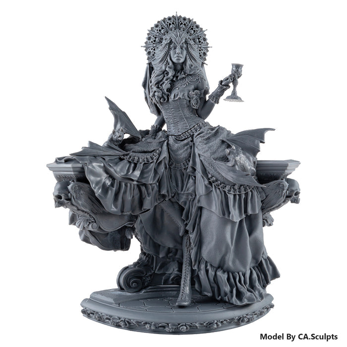 3D printed gothic queen miniature seated on throne in grey ABS-like fast-cure resin