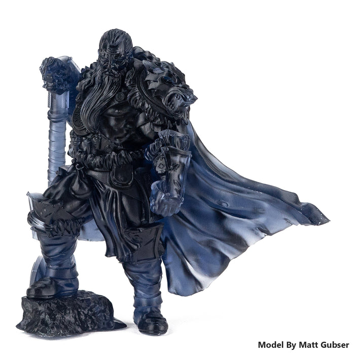 3D printed large warrior figure in dark navy ABS-like resin with cape and staff detail