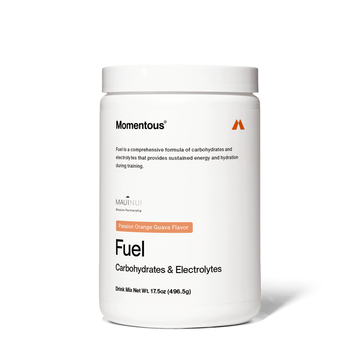 White cylindrical container of Momentous Fuel carbohydrate and electrolyte drink mix in Passion Orange Guava flavor, 17.5 oz.