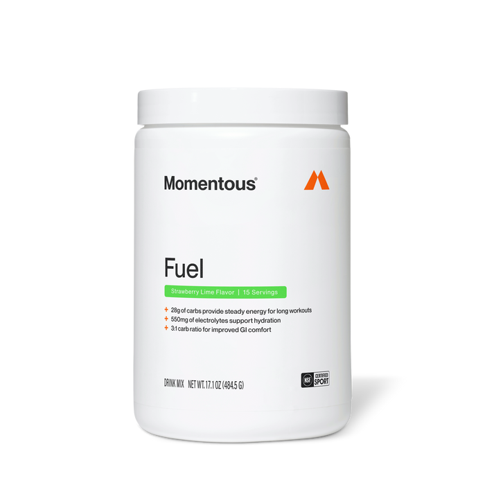 White Momentous Fuel powder container with white lid, strawberry lime flavor, 15 servings, 17.1 oz.