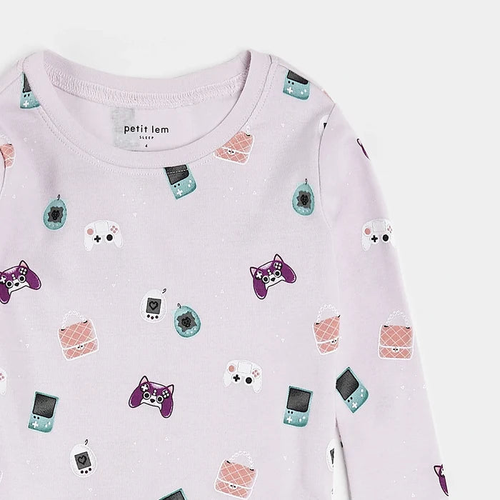 Toddler in gamer girl print long-sleeve pajama set with elastic-waist pants