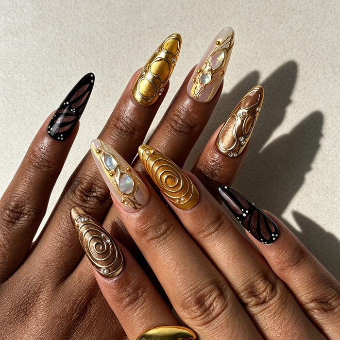 Exotic vintage vibe long almond reusable false nails 3D flower gold swirl shell inlay