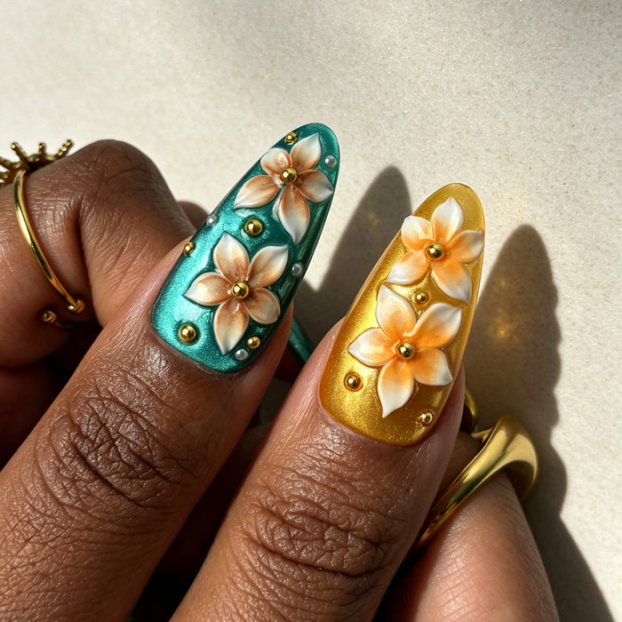 Luxury glossy Gilded Bloom press‑on nails party look