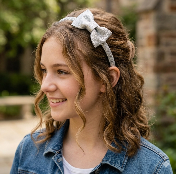 teen girl wearing silver glitter bow headband