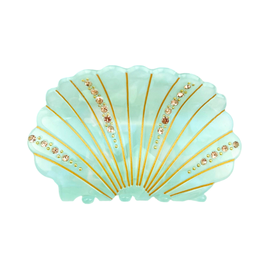 Green acetate shell-shaped claw clip decorated with sparkling rhinestones.