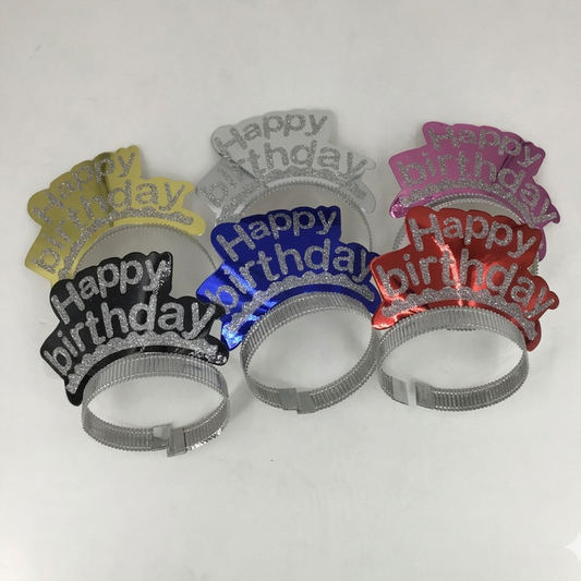 Set of colorful 'Happy Birthday' party hats on a white background