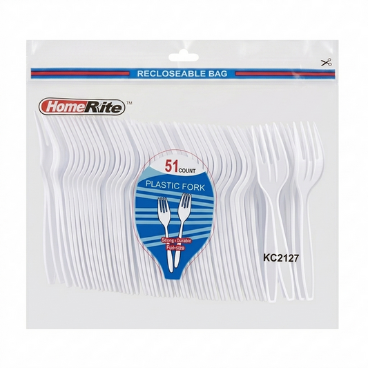 Packaging of HomeRite plastic forks with a recloseable bag label.