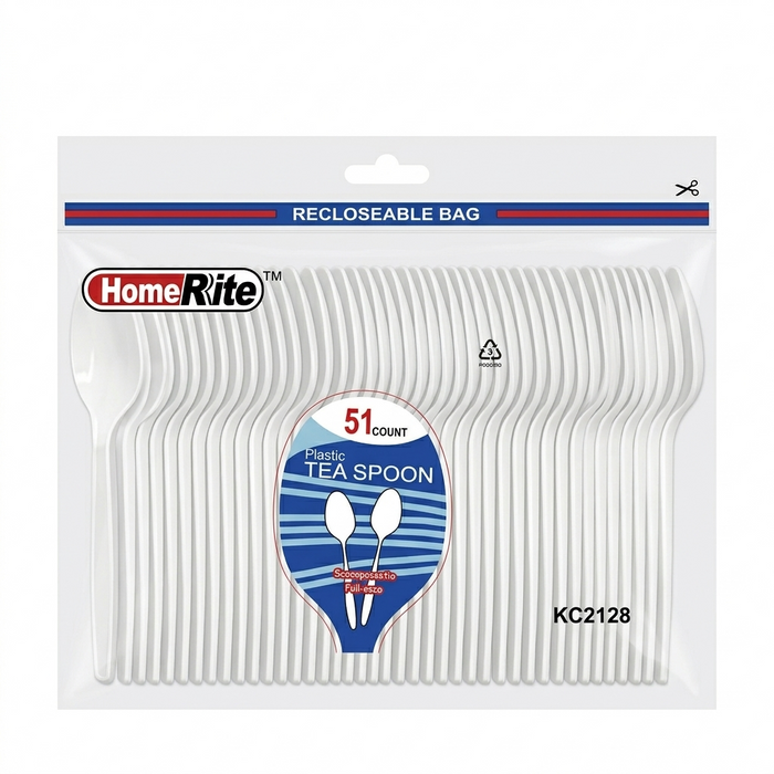 Packaging of HomeRite plastic tea spoons with a recloseable bag label.